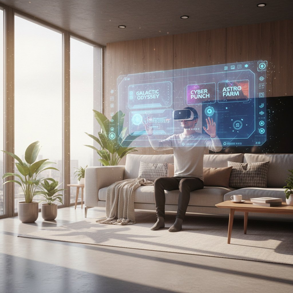 VR player in living room choosing games by comfort and headset platform