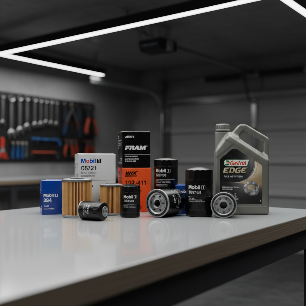 Oil filter options for synthetic oil on a garage workbench