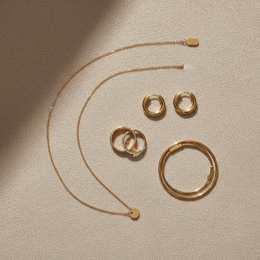 Minimalist jewelry essentials laid out: thin gold chain, small hoops, stacking rings