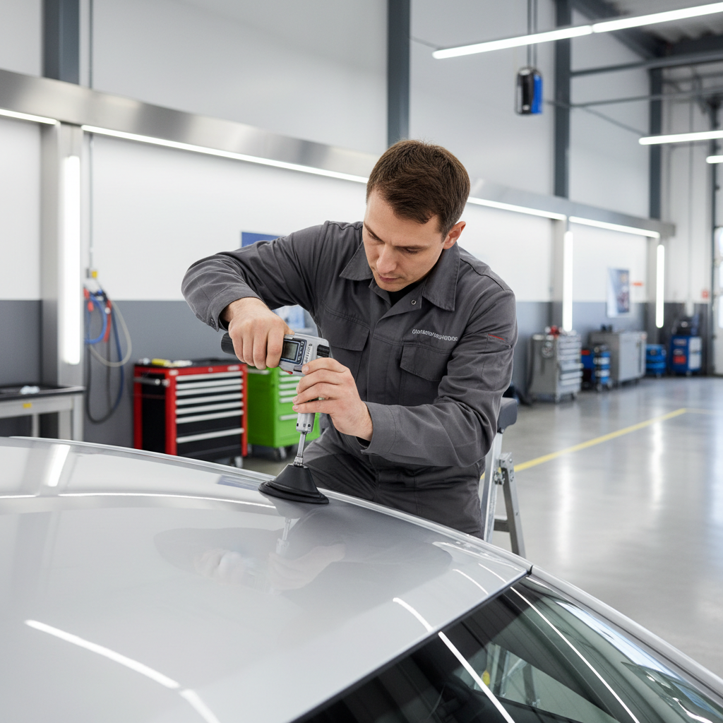 Mechanic installing a roof antenna base with torque wrench and sealing gasket
