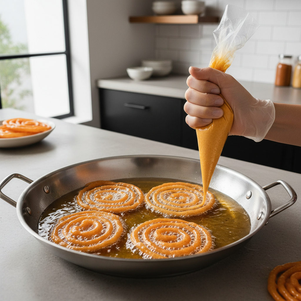 Crispy jalebi spirals being fried in a shallow pan