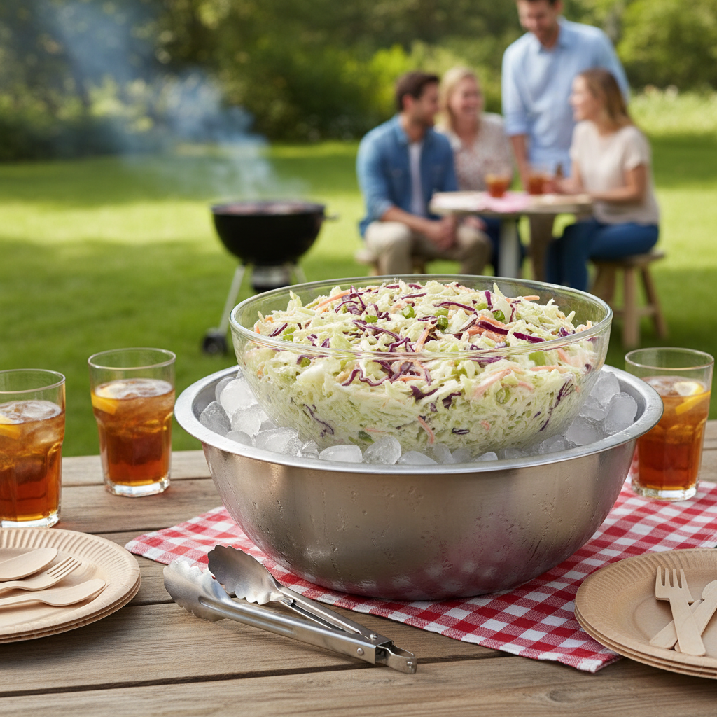 Coleslaw served at a backyard cookout with bowl on ice