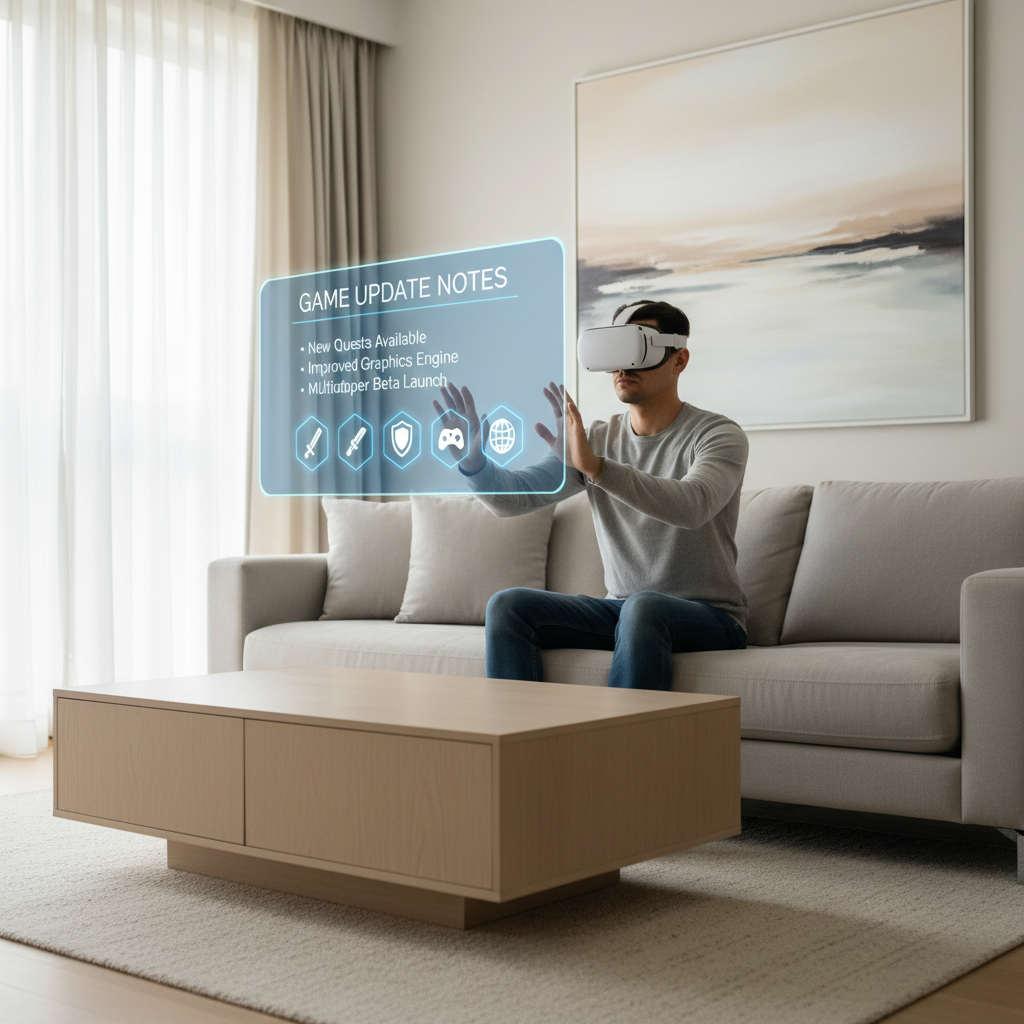 VR gamer checking update notes on a headset dashboard