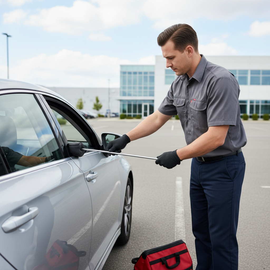 Automotive locksmith using professional tools to unlock a car door safely
