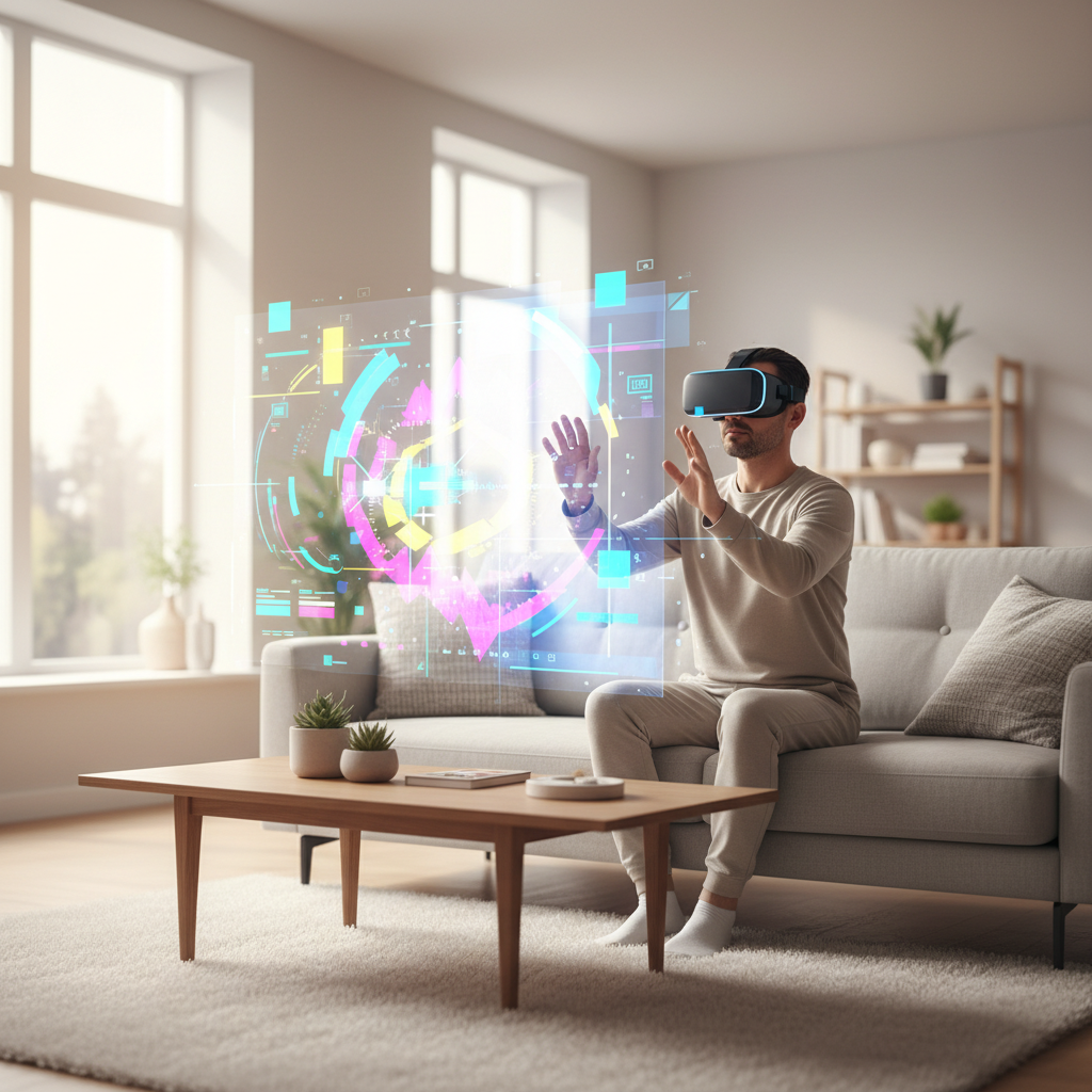 Person using a VR headset in a living room while interacting with a virtual music visualizer