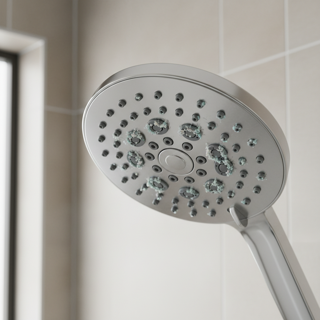Close-up of a clogged shower head with mineral buildup on nozzles