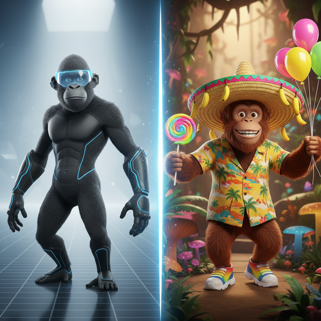 Two Gorilla Tag cosmetic loadouts: a clean competitive look and a fun social look