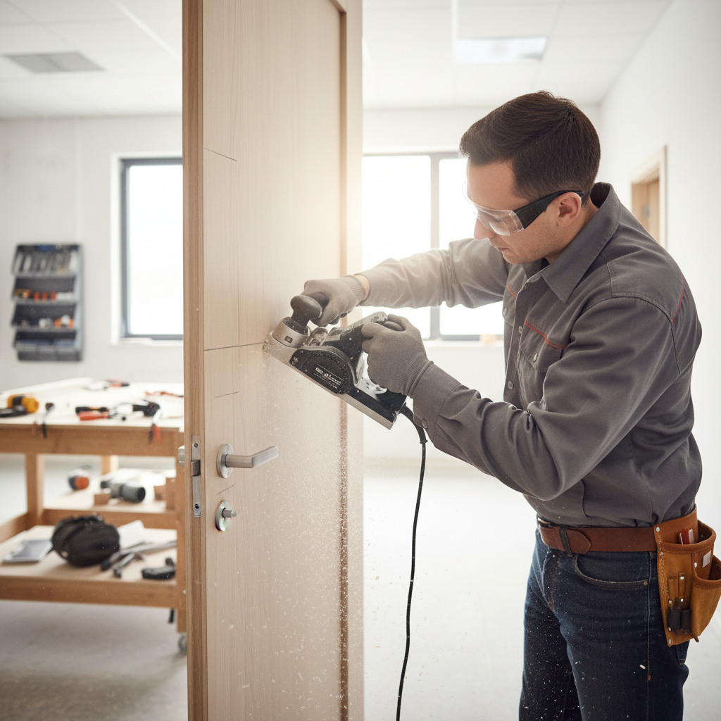 Power planer trimming a door edge with pencil marks visible