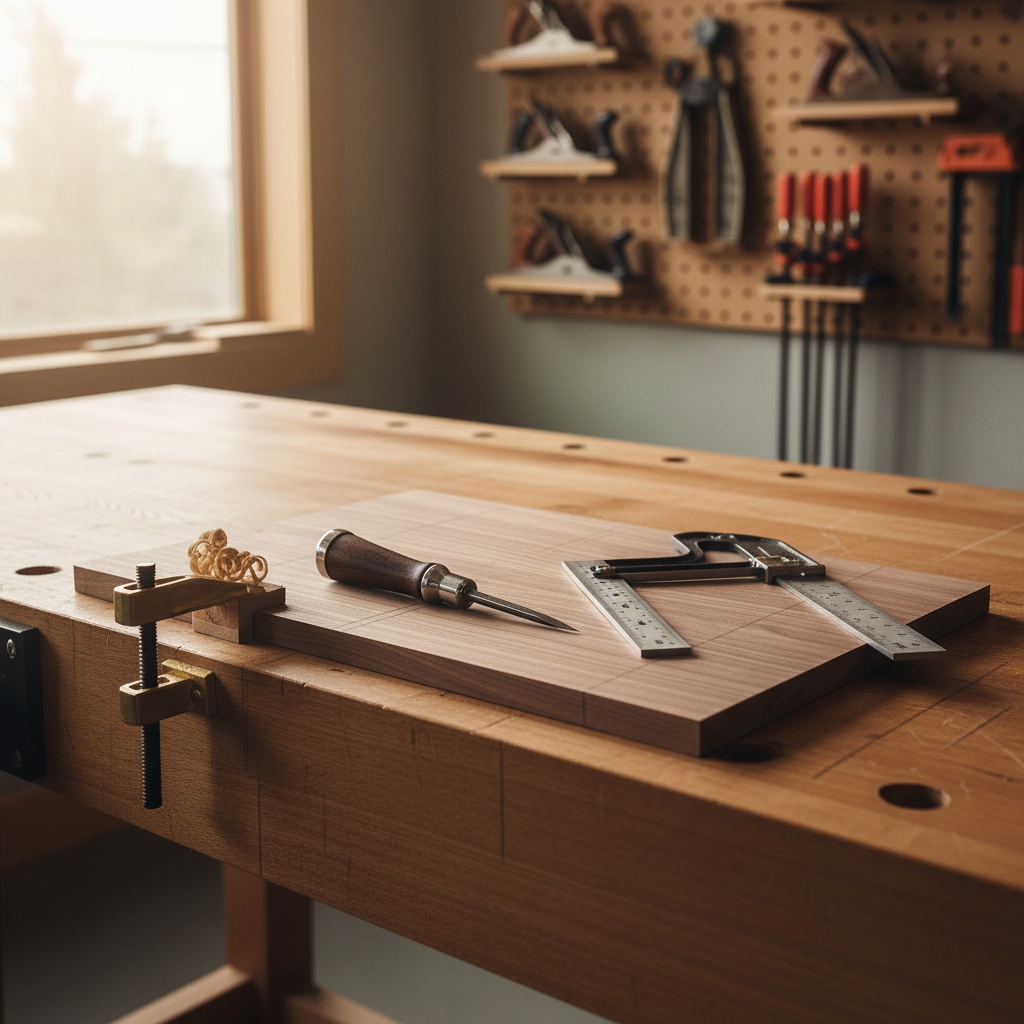 Scratch awl and layout tools on woodworking bench for wood marking