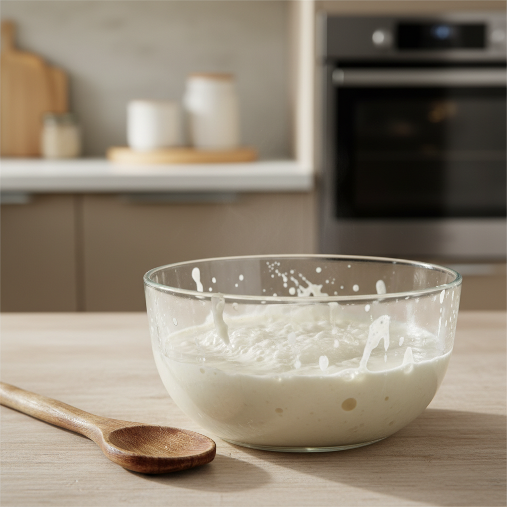 Idli batter in a glass bowl showing fermentation bubbles and rise marks
