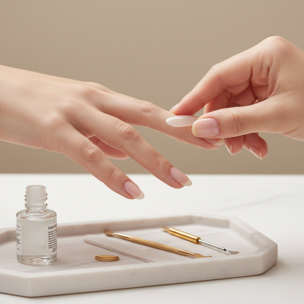 Applying press on nails at the cuticle line with gentle pressure for a seamless beginner result