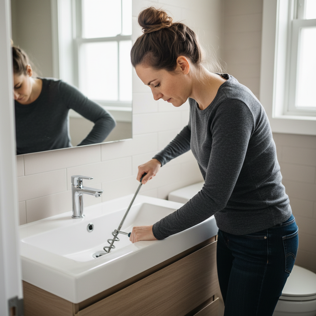 Homeowner using a hand crank drain auger at a bathroom sink