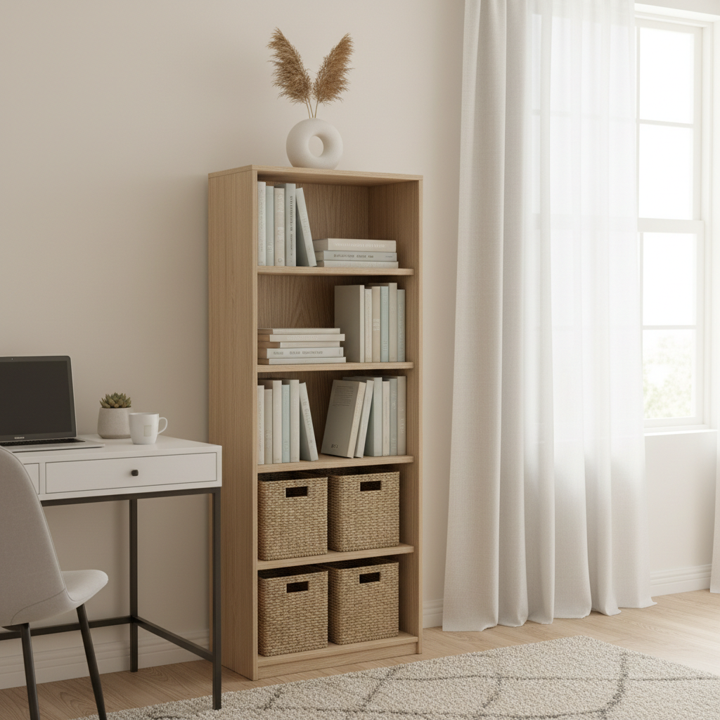Modern narrow bookcase styled with books and baskets in a small home office