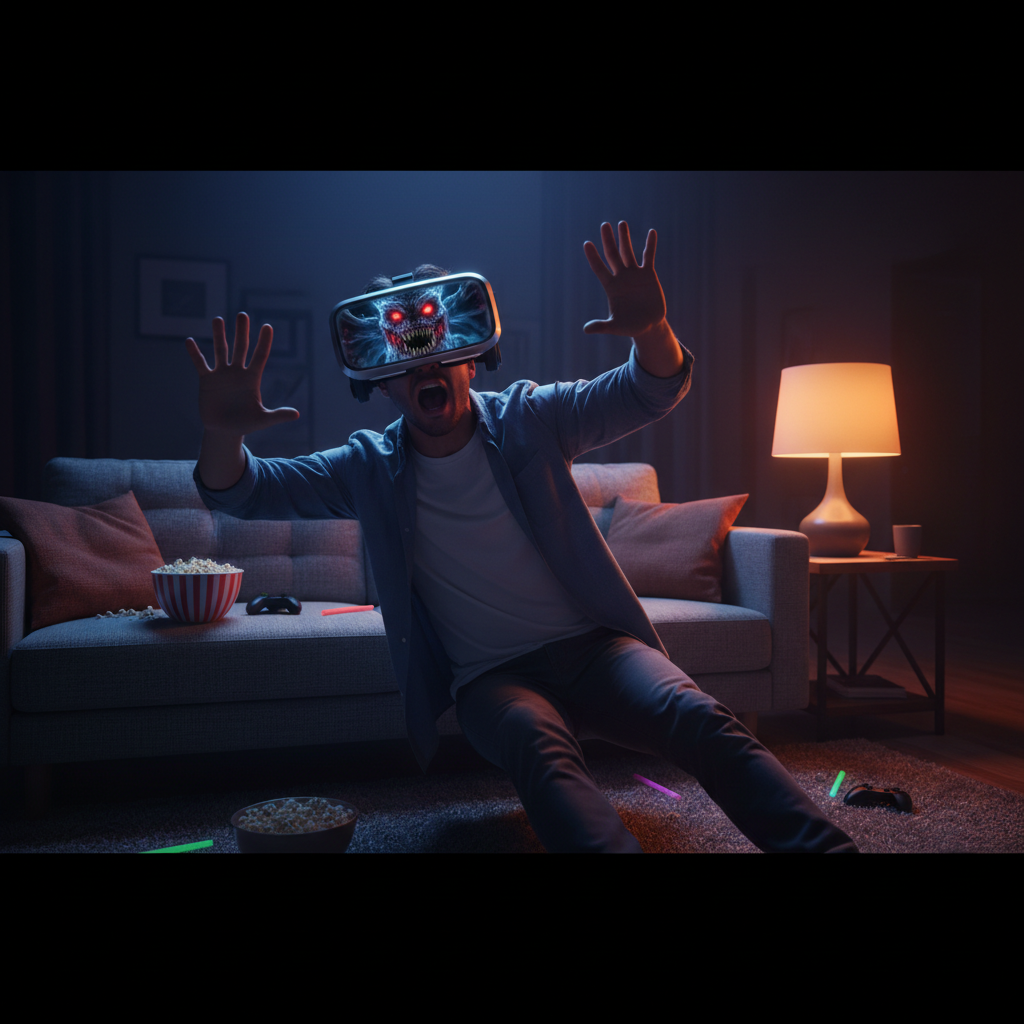 VR player reacting to a horror jump scare in a dark room