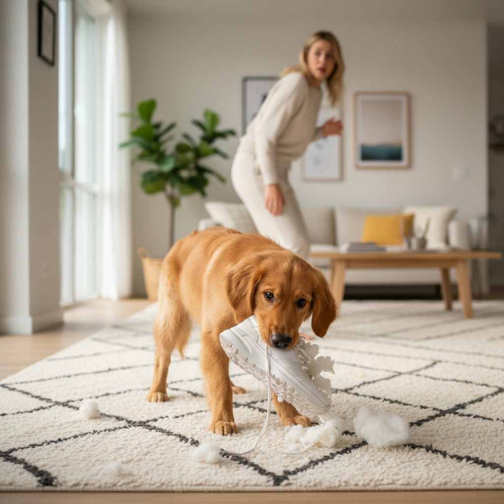 Dog chewing a shoe in a living room, owner noticing the behavior