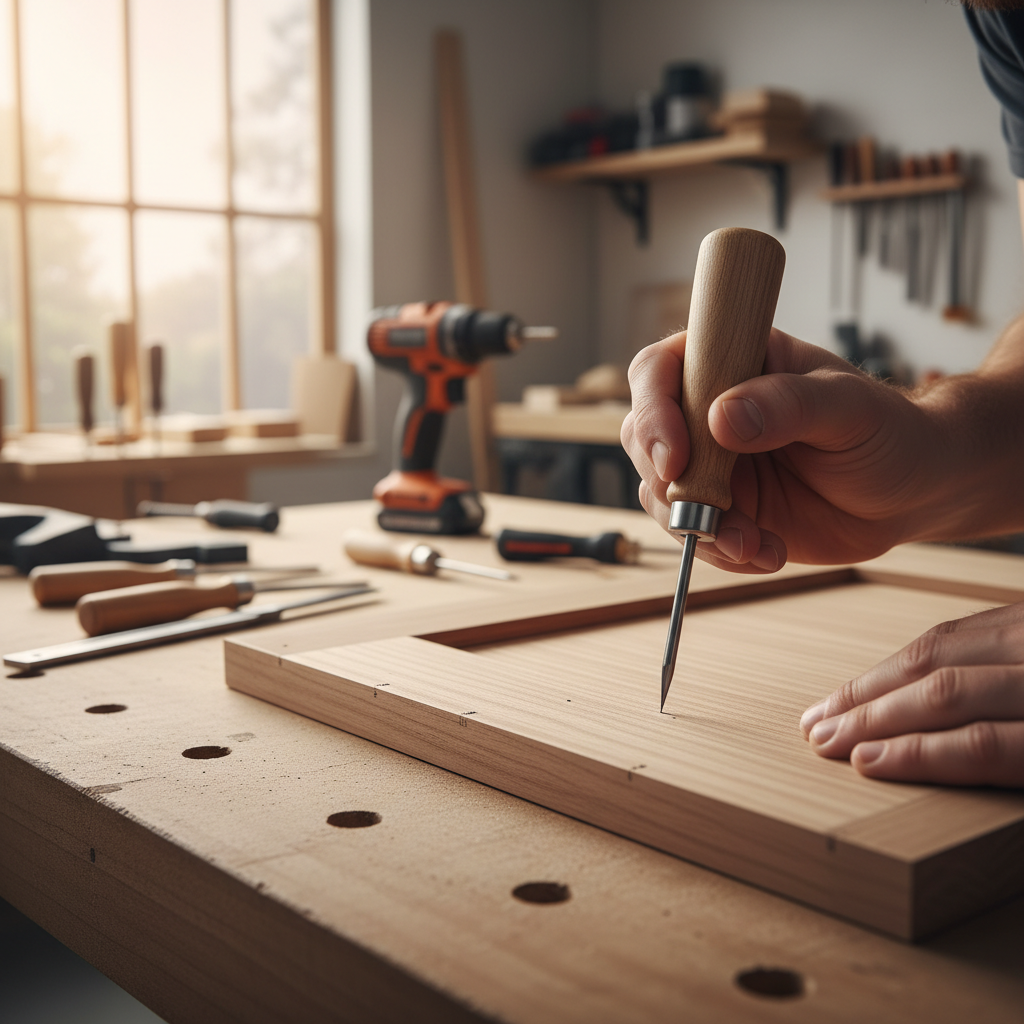Woodworker marking pilot hole locations with a scratch awl for hardware installation