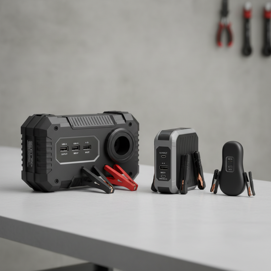 Different sizes of lithium jump starters laid out on a workbench