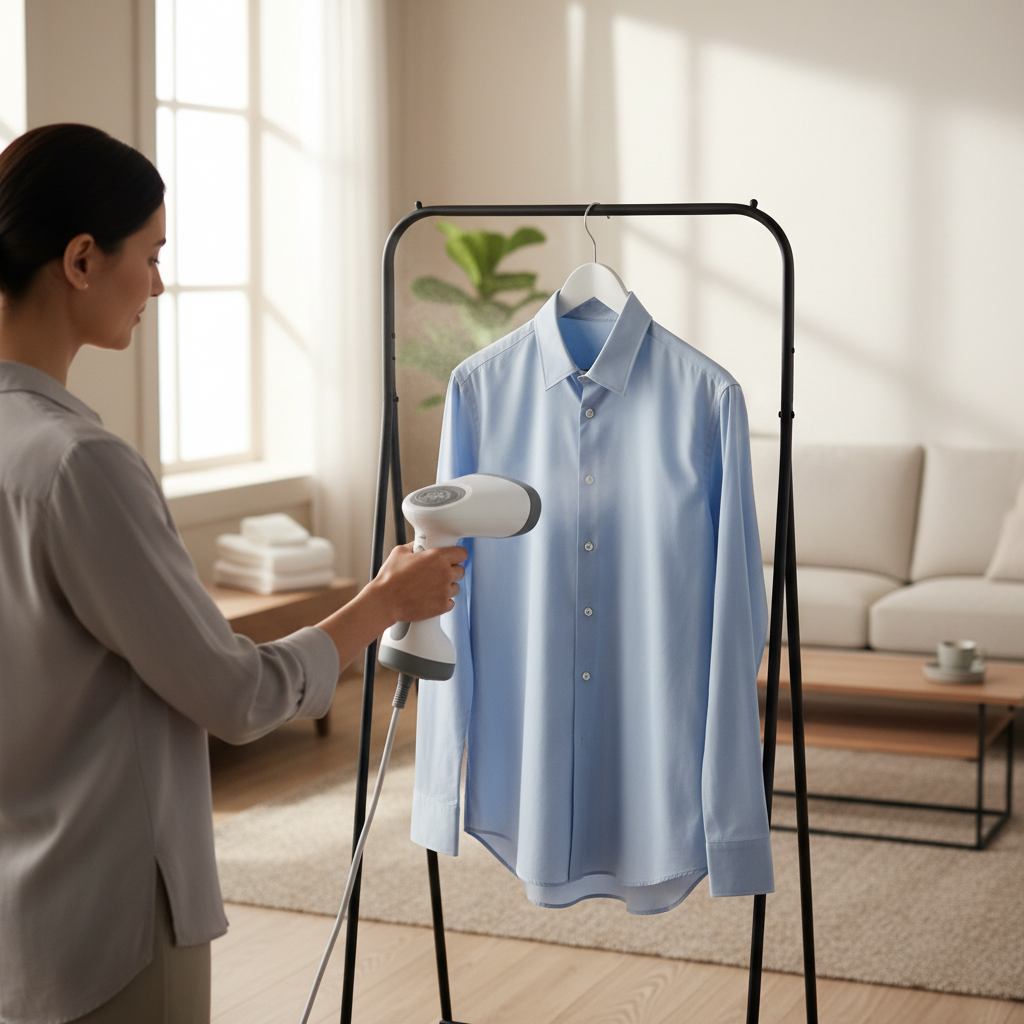 Beginner using a handheld clothes steamer on a hanging shirt at home