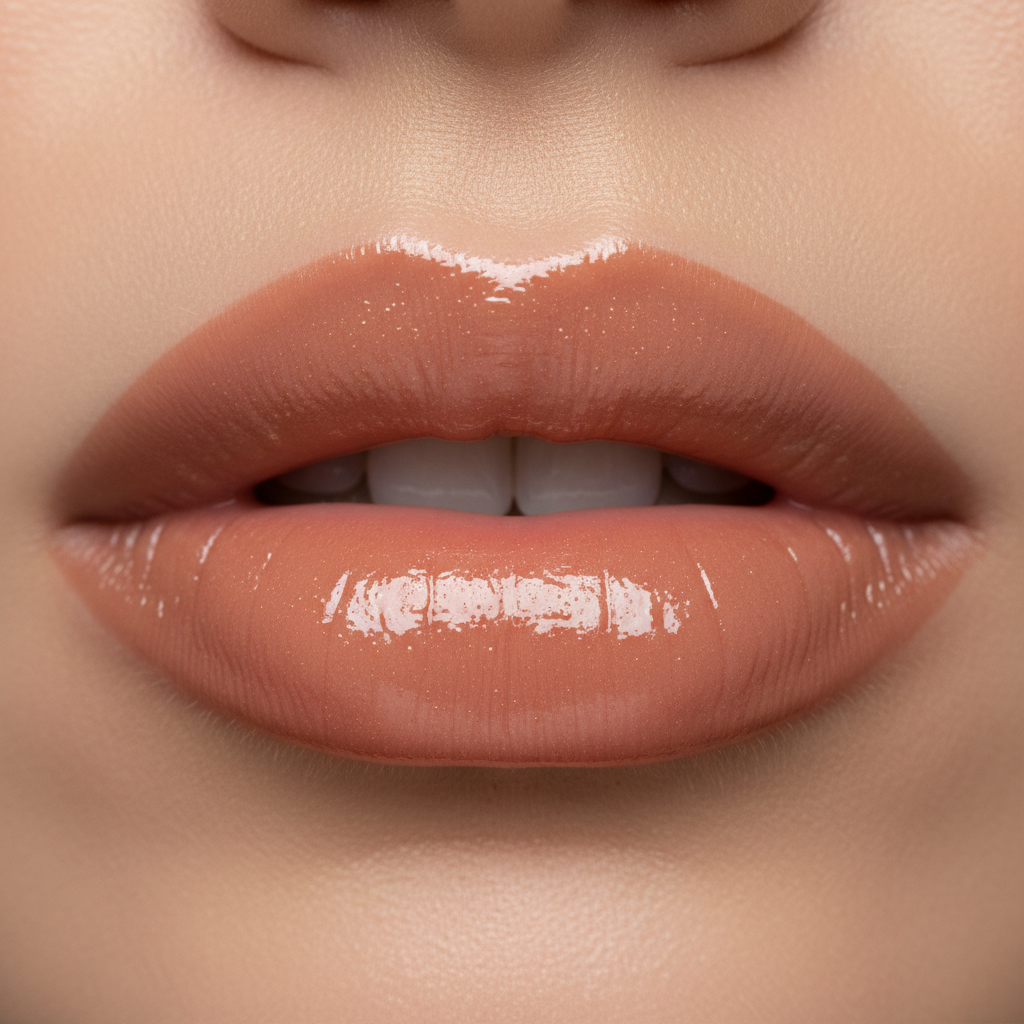 Clean glossy lip look with defined edges and natural nude shine