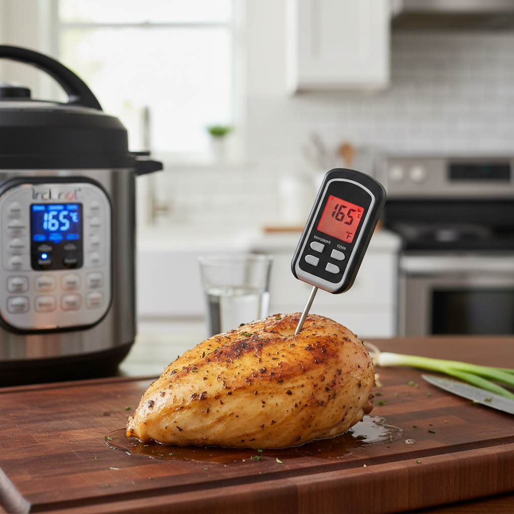 Instant-read thermometer checking Instant Pot chicken for 165F