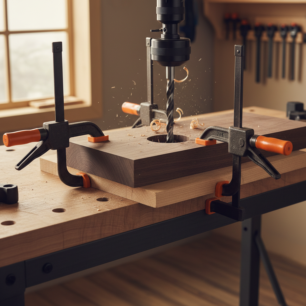 Woodworking backer board setup to prevent tear-out when drilling Forstner holes