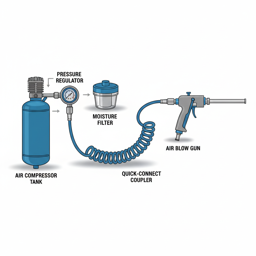 Diagram-style view of air compressor setup with hose, regulator, and blow gun