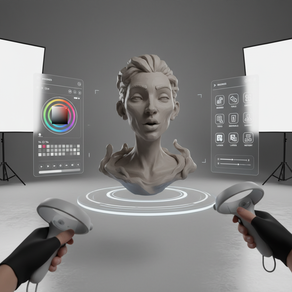 VR sculpting workflow showing a clay-like 3D model on a virtual turntable