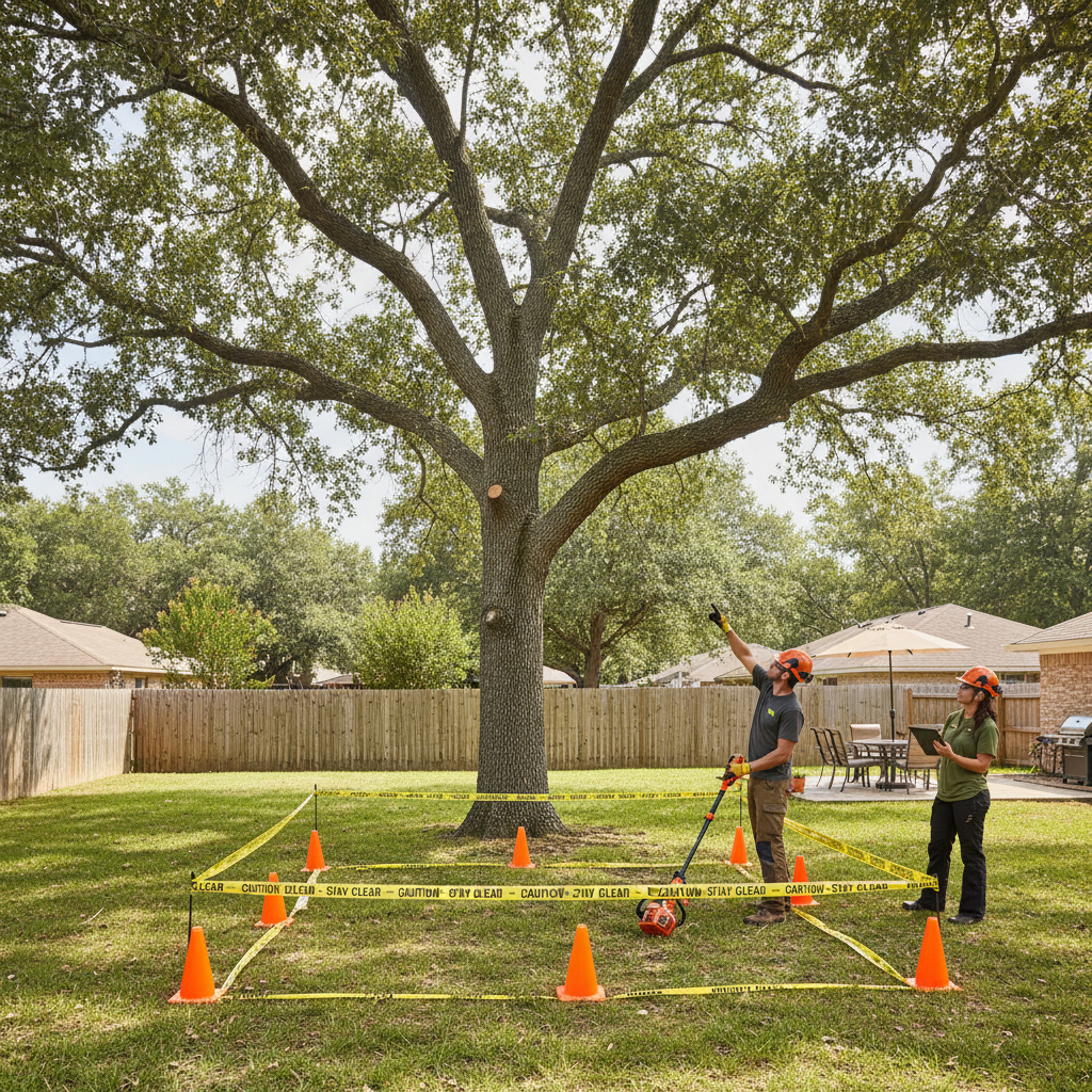Safe drop zone planning for pole saw branch cutting in a backyard
