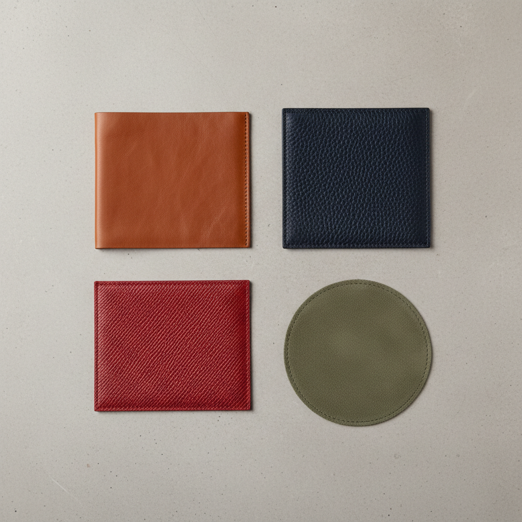 Different leather types for handbags including pebbled, smooth, and suede textures