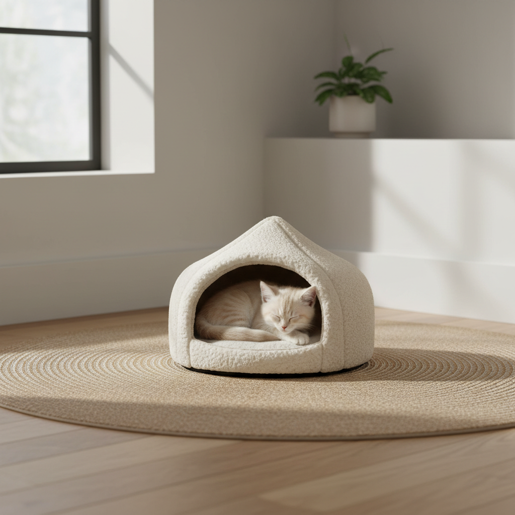 Kitten resting in a hooded cave-style soft bed in a quiet corner
