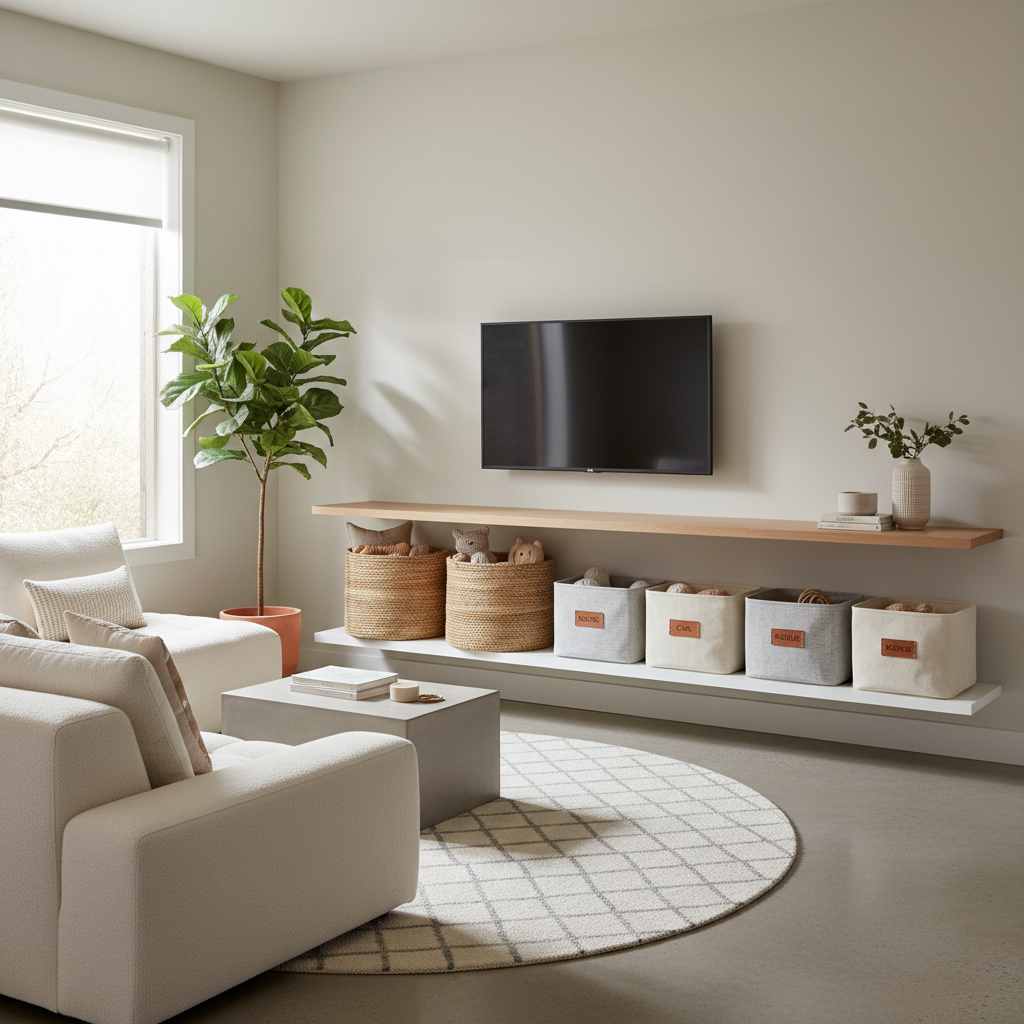 Small living room toy storage setup with bins and baskets