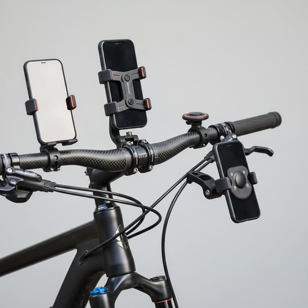 Different bike phone mount styles on a handlebar and stem for comparison