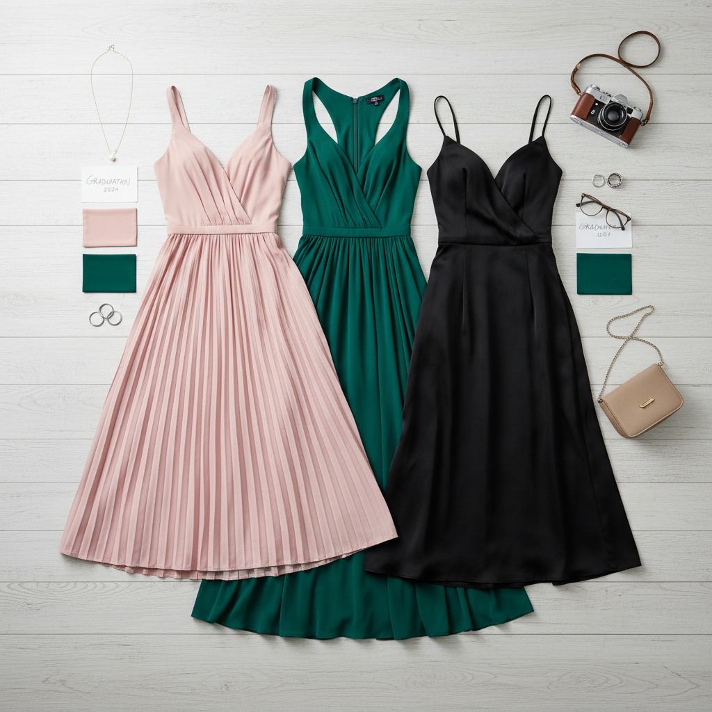 Graduation dress color and fabric options laid out for photo-ready styling