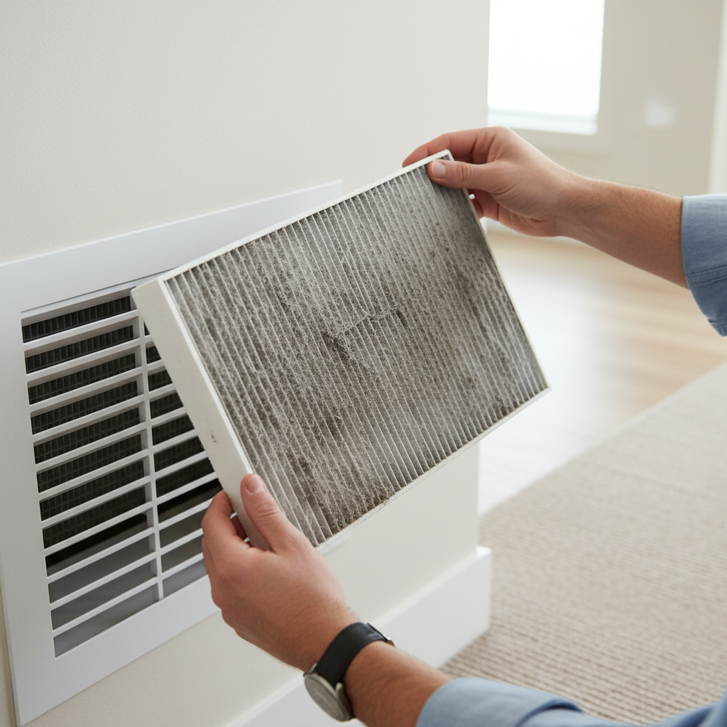 Homeowner checking HVAC vent filter dust to reduce cat dander
