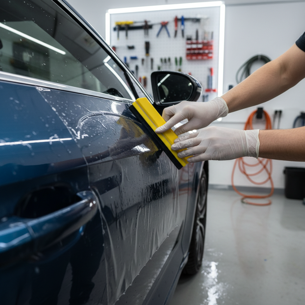 Squeegee technique on paint protection film to remove slip solution and prevent bubbles