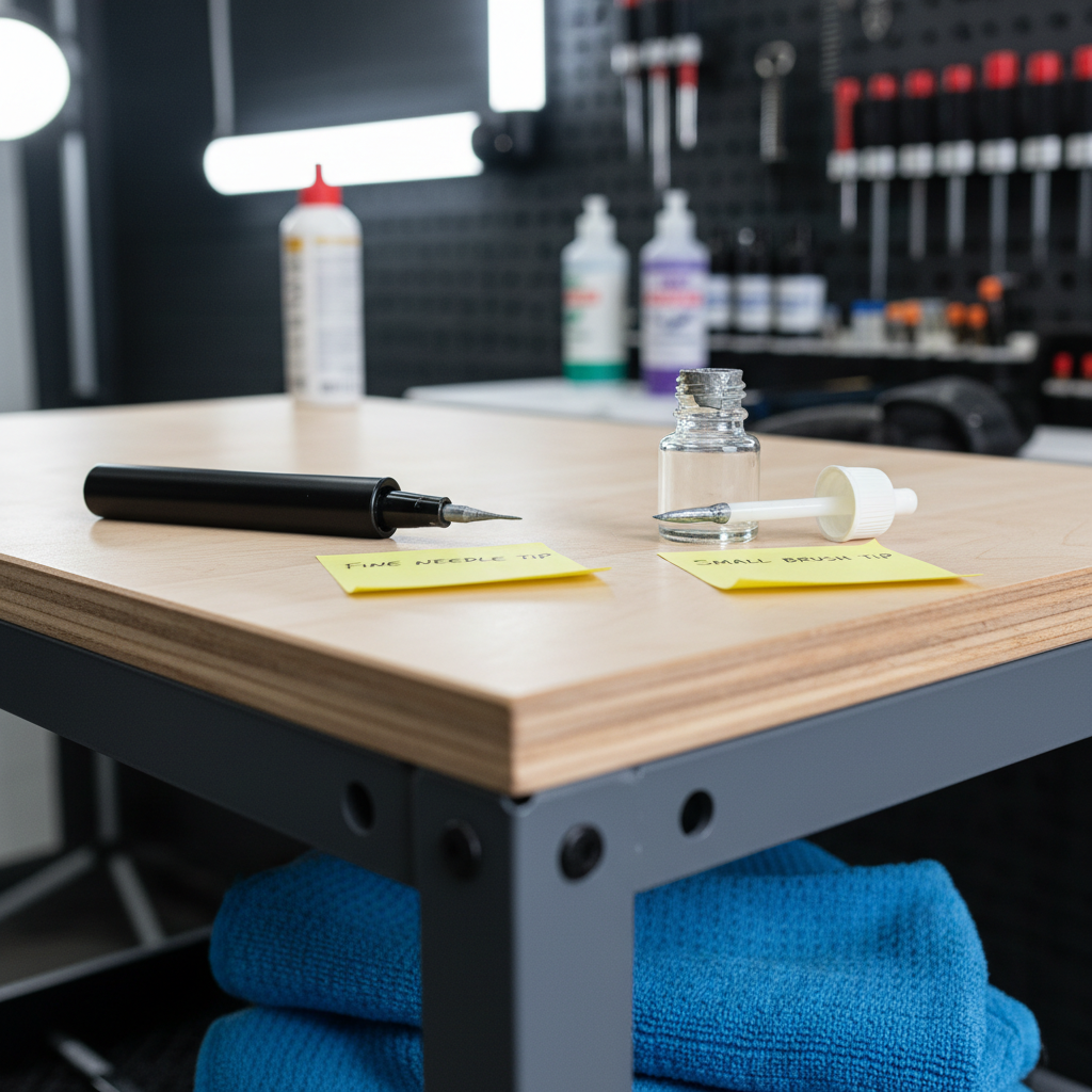 Comparison of touch up paint pen needle tip and brush tip on a clean workbench