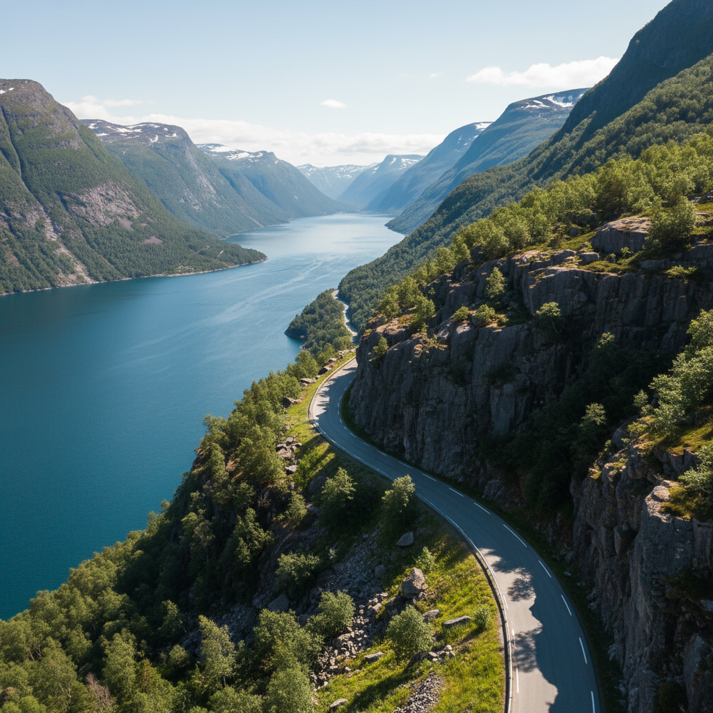 Norway fjord viewpoint with winding road and blue water