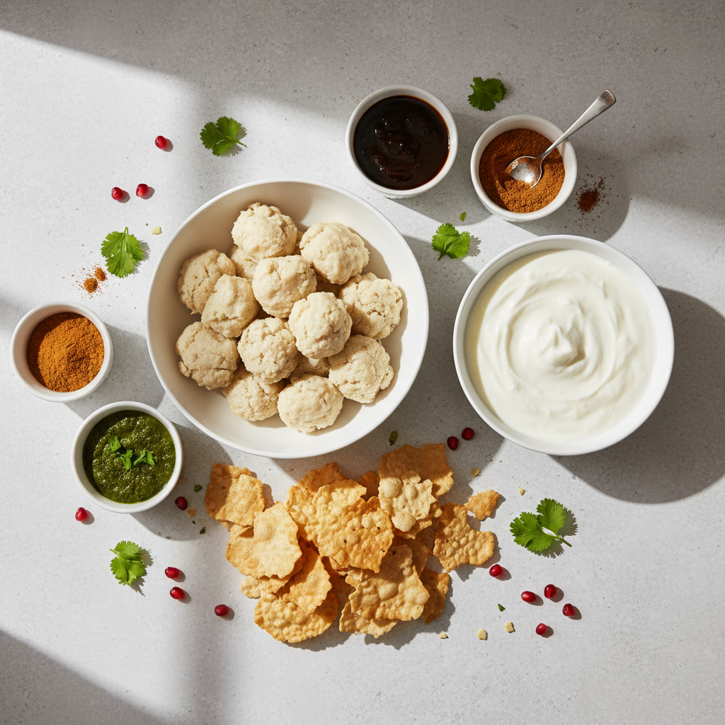 Ingredients for dahi bhalla papdi including urad dal, yogurt, papdi, and chutneys