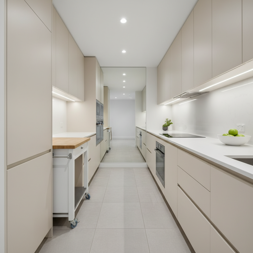 Narrow galley kitchen styled with clear walkway and minimal furniture to feel larger