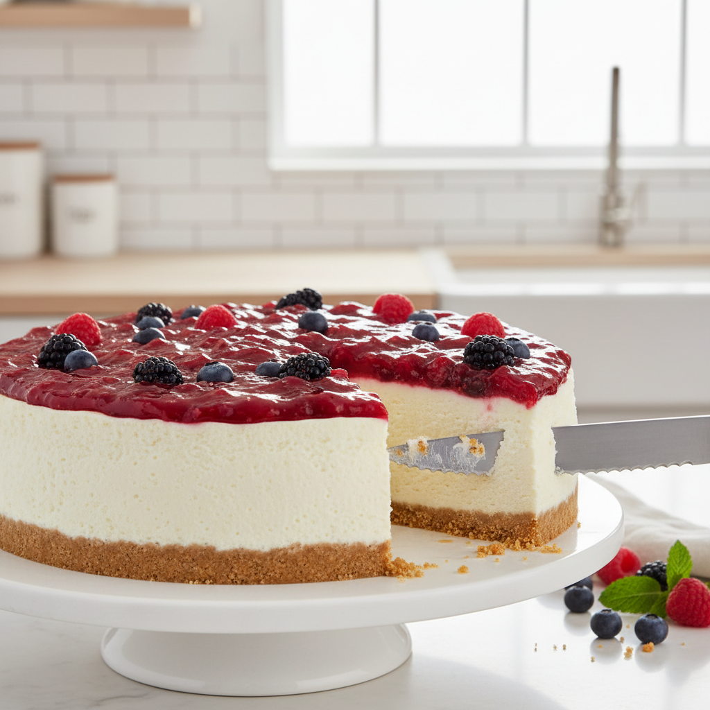 No bake cheesecake with berry topping being sliced cleanly