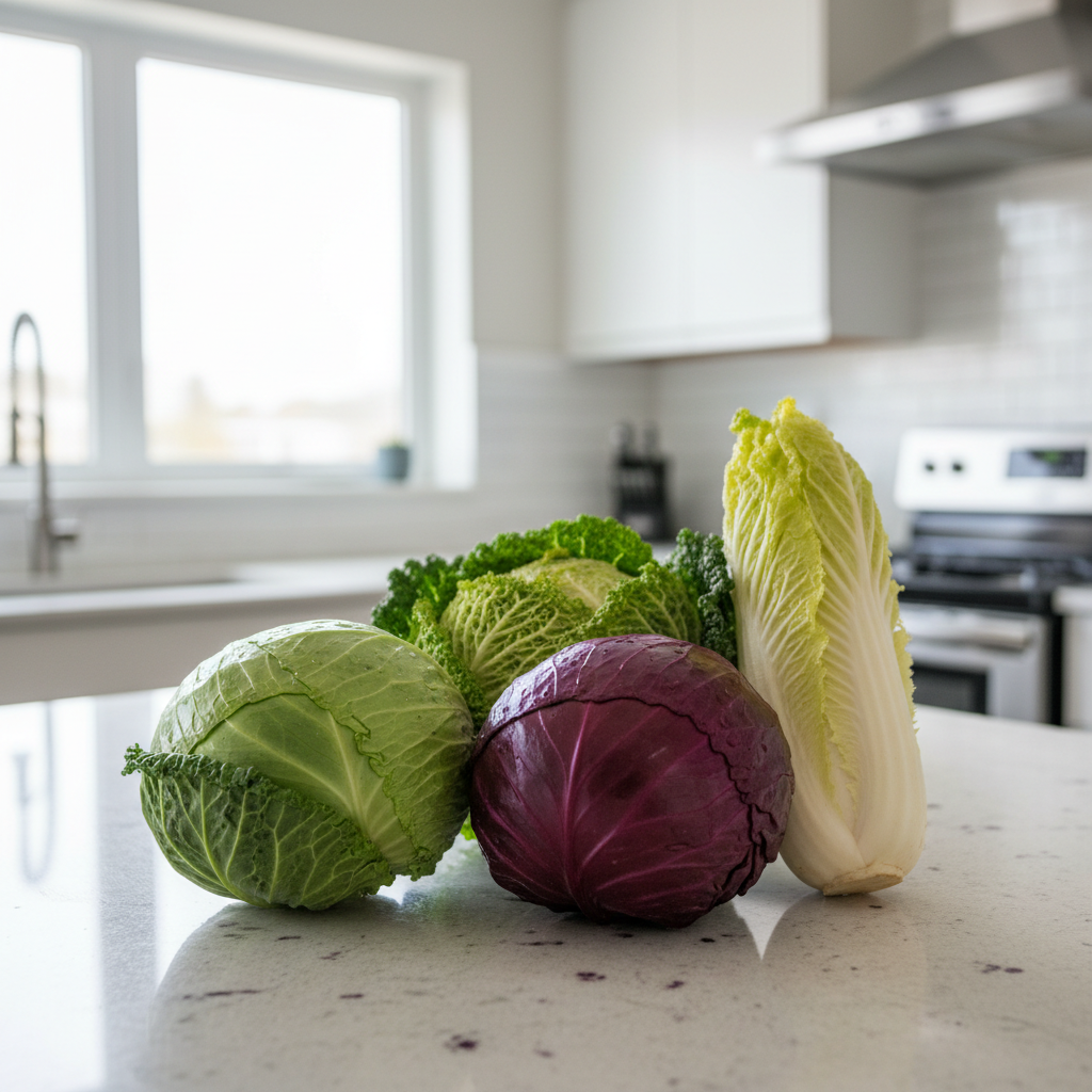 Fresh green, red, savoy, and napa cabbage on a kitchen counter