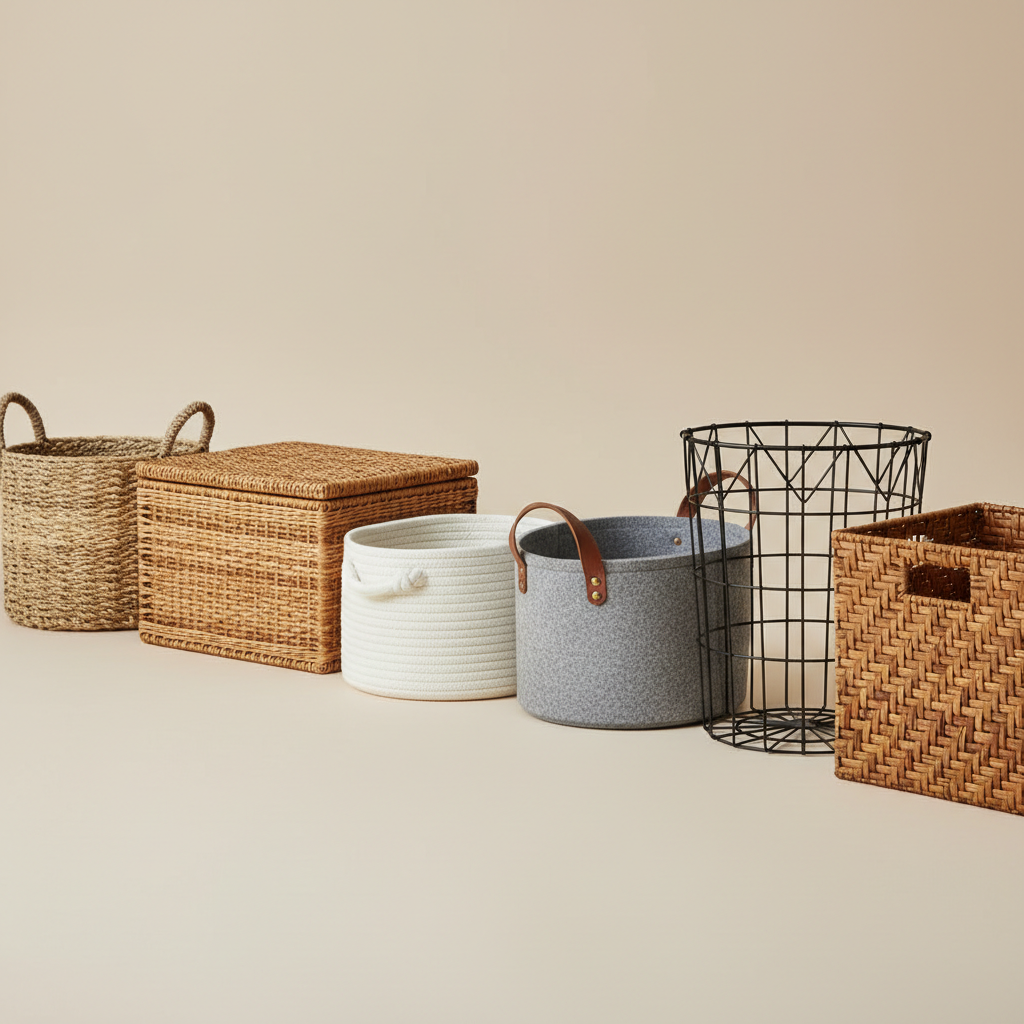 Different decorative basket materials displayed side by side for comparison