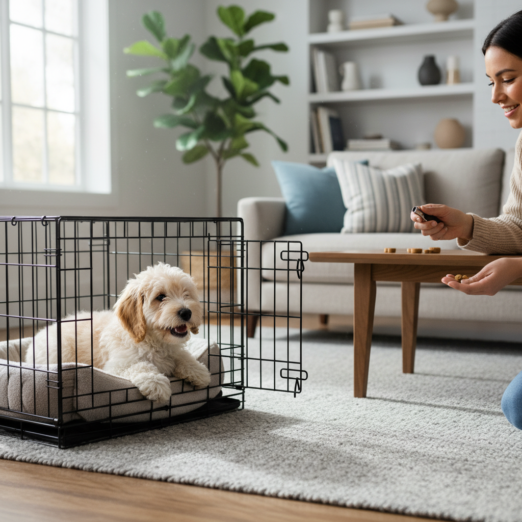 Puppy whining in a crate while owner prepares calm training setup