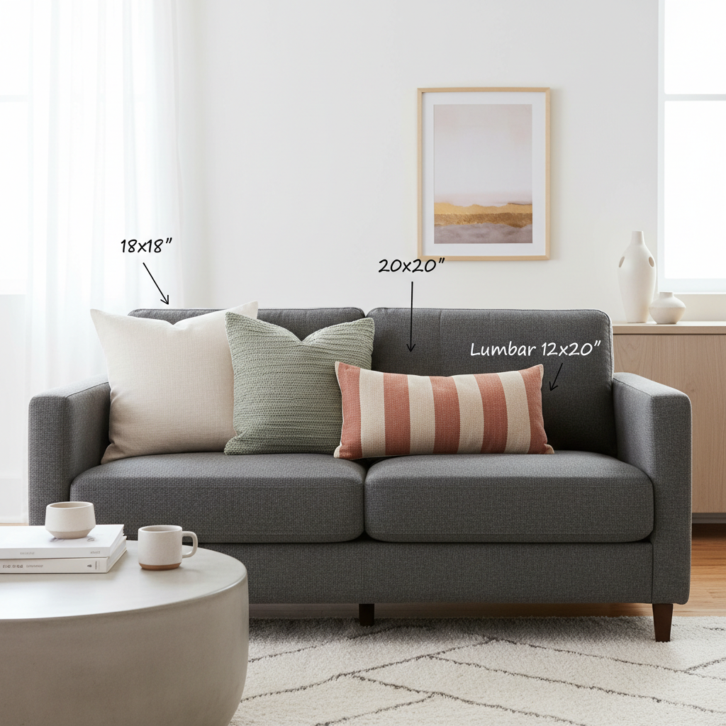 Throw pillow size guide on a small sofa with square and lumbar pillows