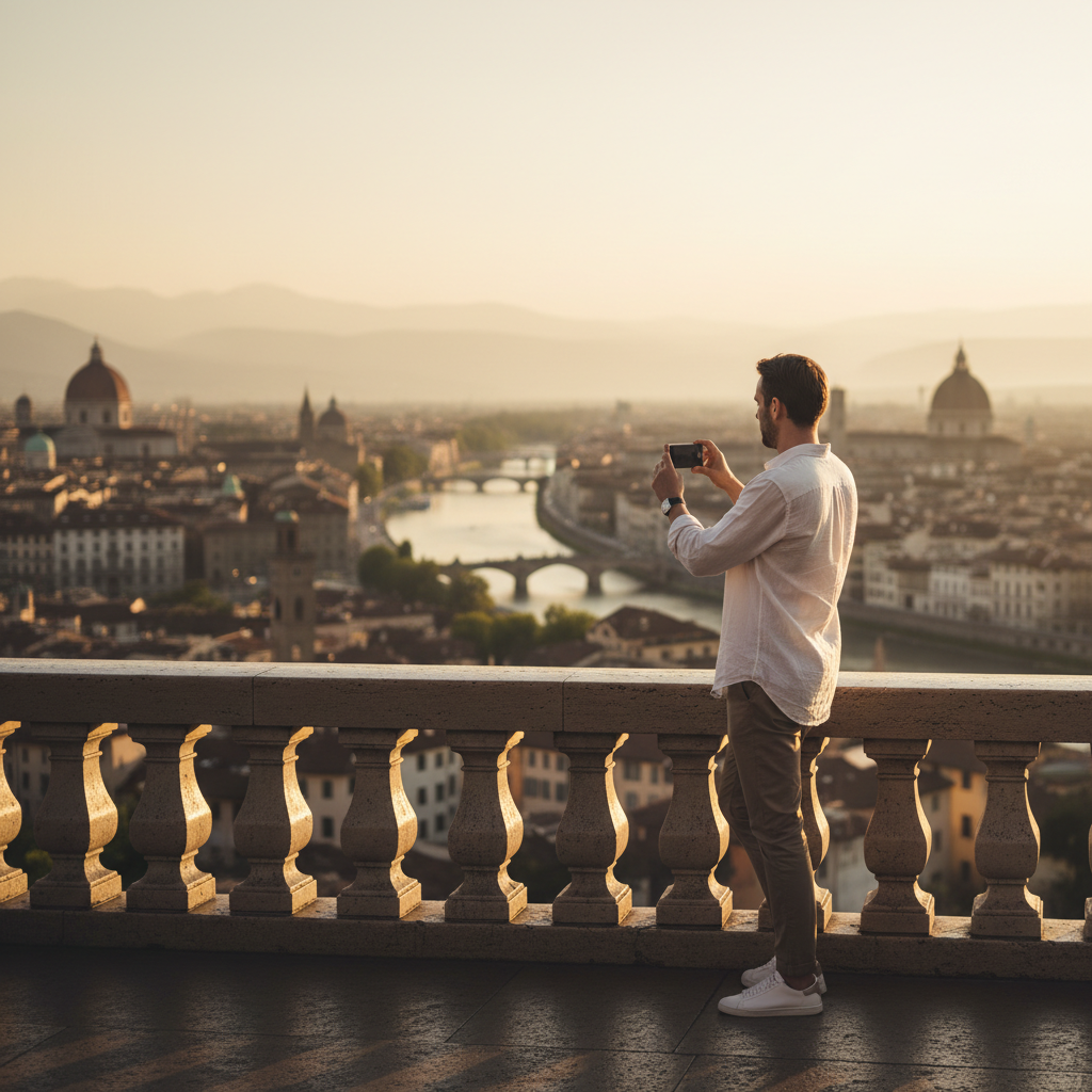 Traveler taking photos with a smartphone in golden hour light