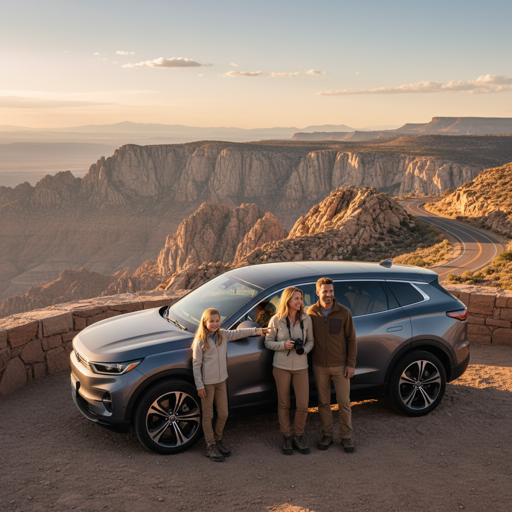 Family road trip near a national park viewpoint with a scenic landscape and parked SUV