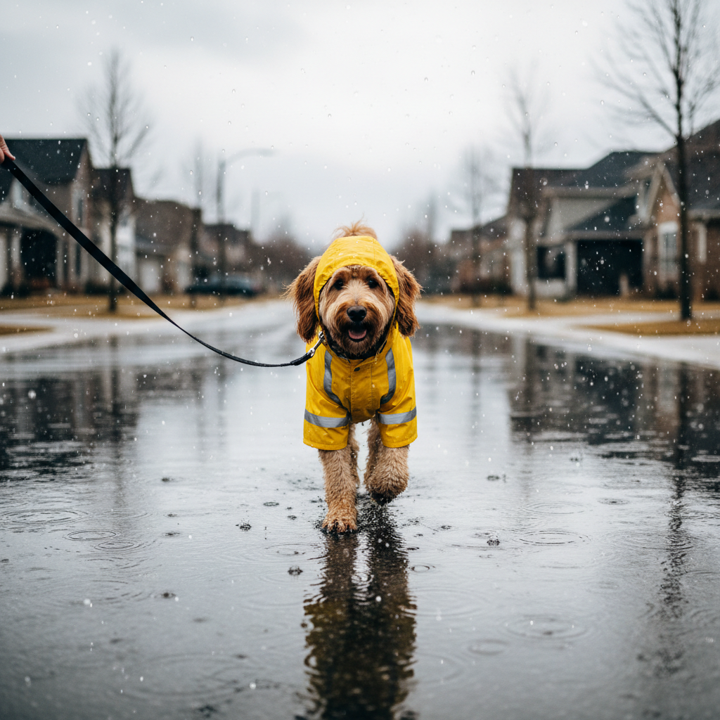 Dog wearing a waterproof raincoat on a rainy neighborhood walk