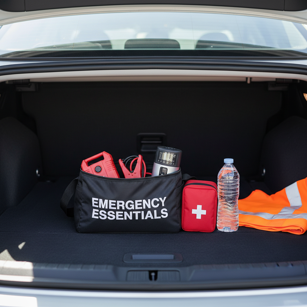 Organized emergency supplies in car with jump starter, compact inflator, and first aid kit in a storage bag