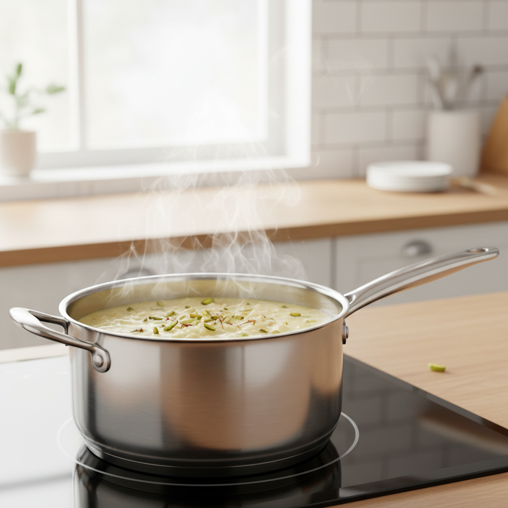 Creamy mewa dry fruit kheer simmering in a saucepan on a stovetop