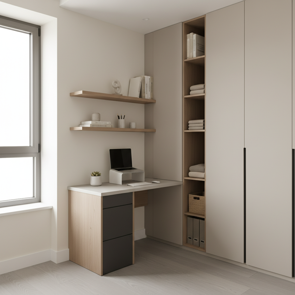 Modern studio apartment using vertical storage and wall shelves above a desk